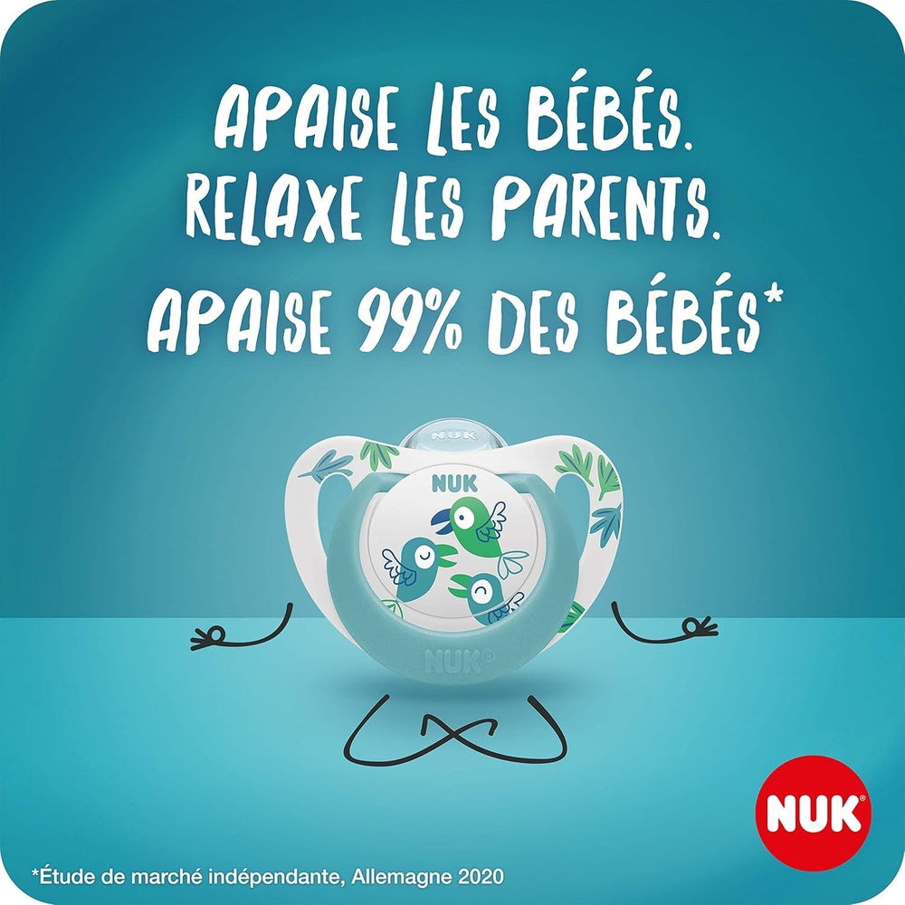 Suzetă NUK Star Night & Day pentru bebeluși 0-6 luni, strălucește în întuneric, silicon fără BPA, pisică roz, pachet de 2