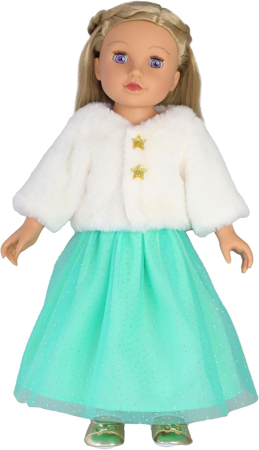 Heless 1370 - Puppenkleidung im Design Yuki, 2 teiliges Set in Weiß und Türkis, mit Jacke und Glitzertüllrock für Puppen und Kuscheltiere der Größe 28-35 cm
