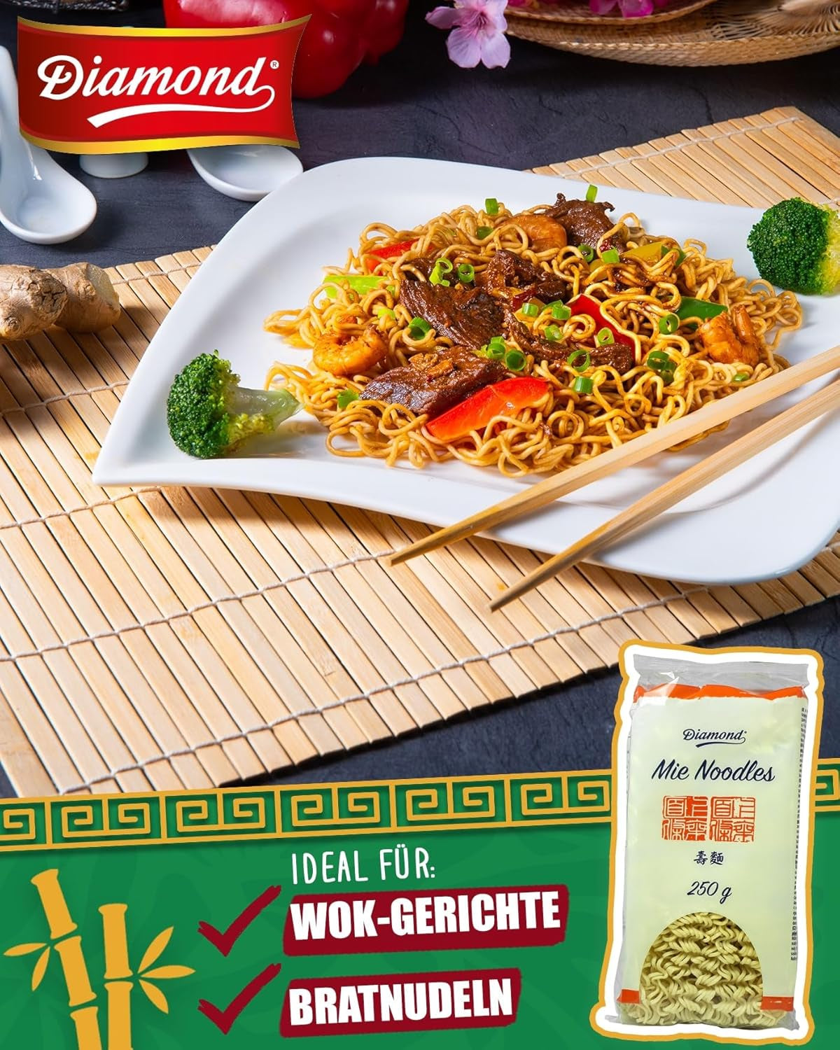 Tăiței Mie DIAMOND, tăiței din grâu fără ou, preparați rapid și ușor, vegetarieni - 8 x 250 g