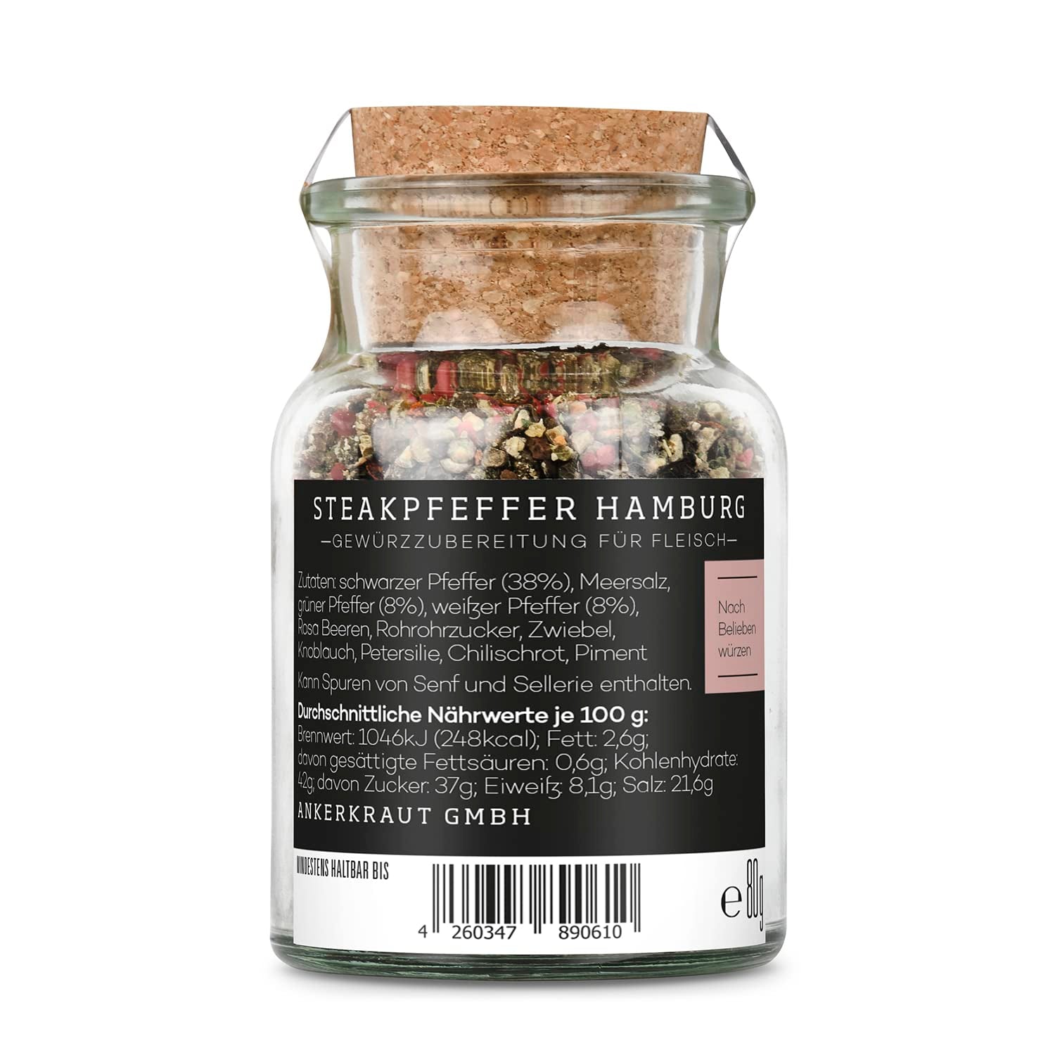 Ankerkraut Steakpfeffer Hamburg, Pfefferkörner Hausmischung, grober Steakhouse-Pfeffer, frische Note, Universal Allrounder, Lecker Kochen mit Qualität, 80 g im Korkenglas