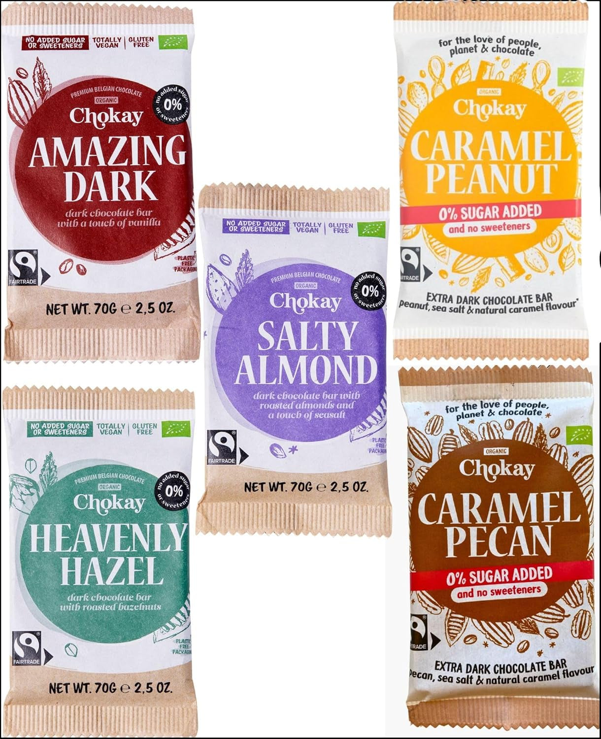 Baton Organic - Set de mostre cu 4 bucăți/Uimitor de negru, Alune de pădure, Caramel cu nuci pecan, Migdale sărate/Fără zahăr adăugat, fără îndulcitori/VEGAN, FĂRĂ GLUTEN ȘI COMERȚ ECHITABIL / 4 x 70g