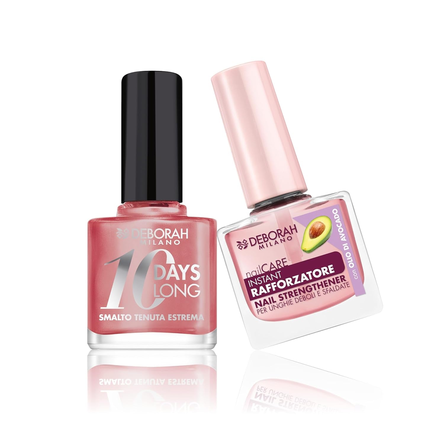 Set de ojă Milano pentru întărirea unghiilor fragile și umflate, 9,5 ml și ojă 10 Days Long N.882 Nude Rose, efect lucios cu fixare îndelungată, 11 ml
