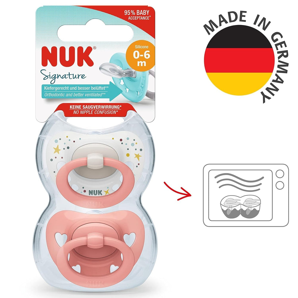 Suzete NUK Signature pentru bebeluși | 0-6 luni | Calmează 95% dintre bebeluși | Suzete din silicon în formă de inimă, fără BPA | Cu husă | Inimioare roz | Pachet de 2