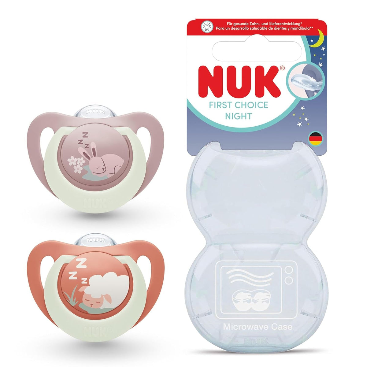 Suzetă NUK First Choice Night pentru bebeluși | 6-18 luni | Suzete ortodontice care strălucesc în întuneric | Calmează 99% dintre bebeluși** | Iepure/Oaie | Pachet 0-2