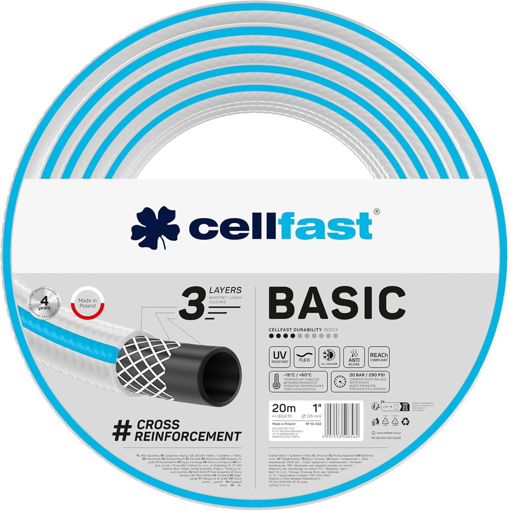 Furtun de grădină CELLFAST, furtun de apă cu 3 straturi pentru grădină, armare durabilă cu fire, furtun flexibil pentru irigații, rezistent la UV, anti-alge, 3,4 inch, lungime 20 metri