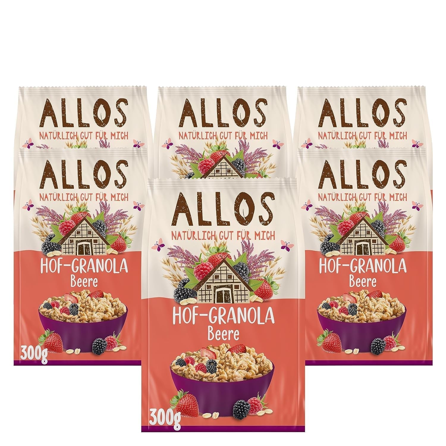Allos Hof Granola cu fructe de pădure | Muesli organic | Muesli cu fructe de pădure | Muesli crocant | Cereale pentru micul dejun | Pachet de 6 (6 x 300g), 1 bucată (pachet de 6)