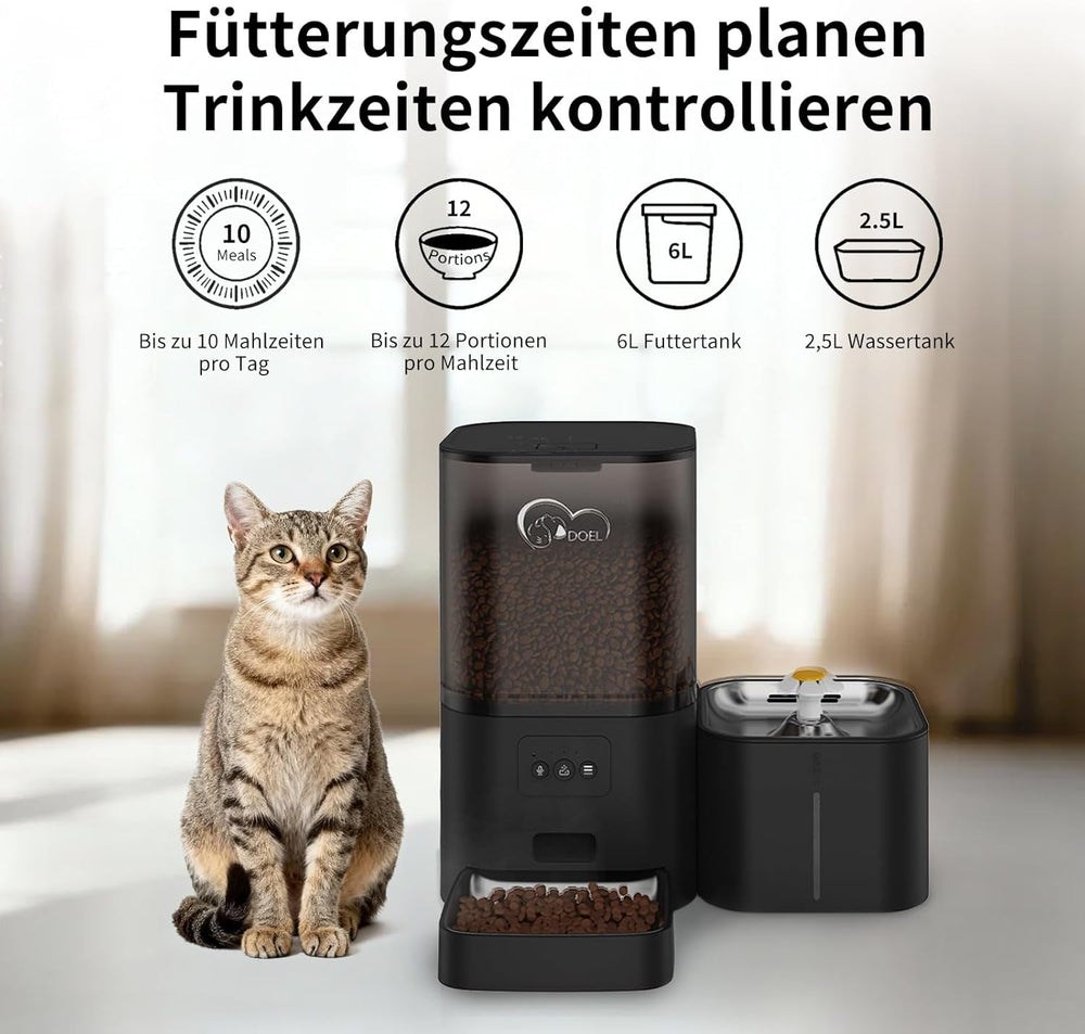 Distribuitor automat de hrană și apă 2 în 1 pentru pisici, distribuitor de hrană uscată de mare capacitate de 6 litri + distribuitor de apă de 2,5 litri cu control prin aplicație, înregistrare vocală și hrănire temporizată.