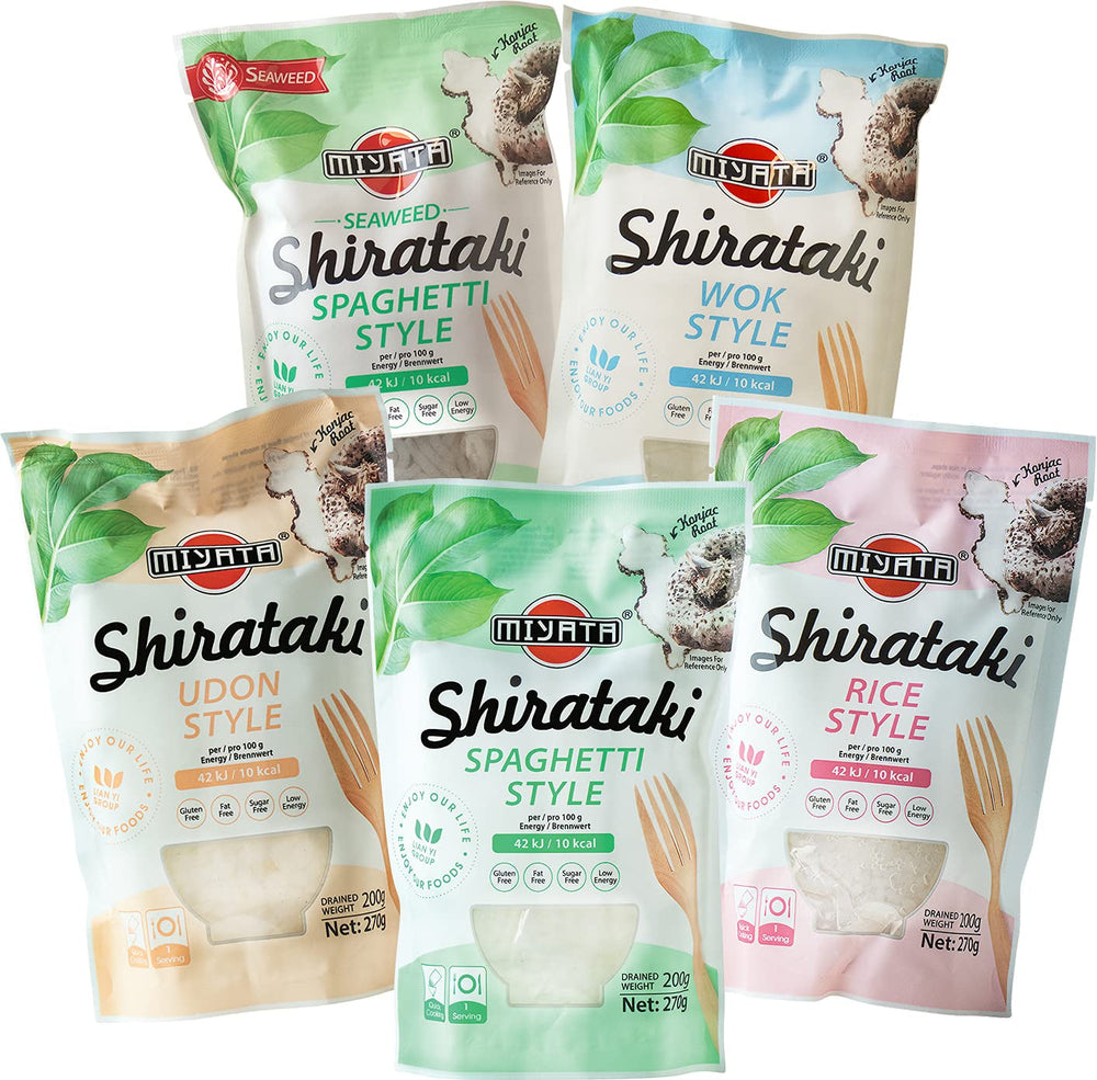 Cutie mixtă Miyata Shirataki cu 5 varietăți diferite, tăiței din făină de konjac, 5 pachete (5 x 270g)