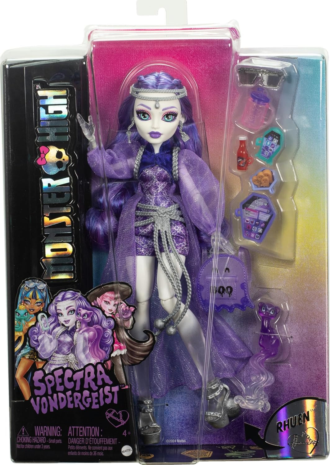 Monster High Spectra Vondergeist Puppe mit Frettchen Rhuen und Zubehörteilen wie Rucksack, Tablet, Snacks und mehr, HXH77