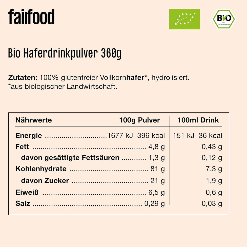 fairfood Bio Haferdrink Pulver 360g - nachhaltige Milchalternative - vegan, glutenfrei & ohne Öl - bis zu 4L Haferdrink - zum Selbermischen - 100% Bio-Vollkornhafer