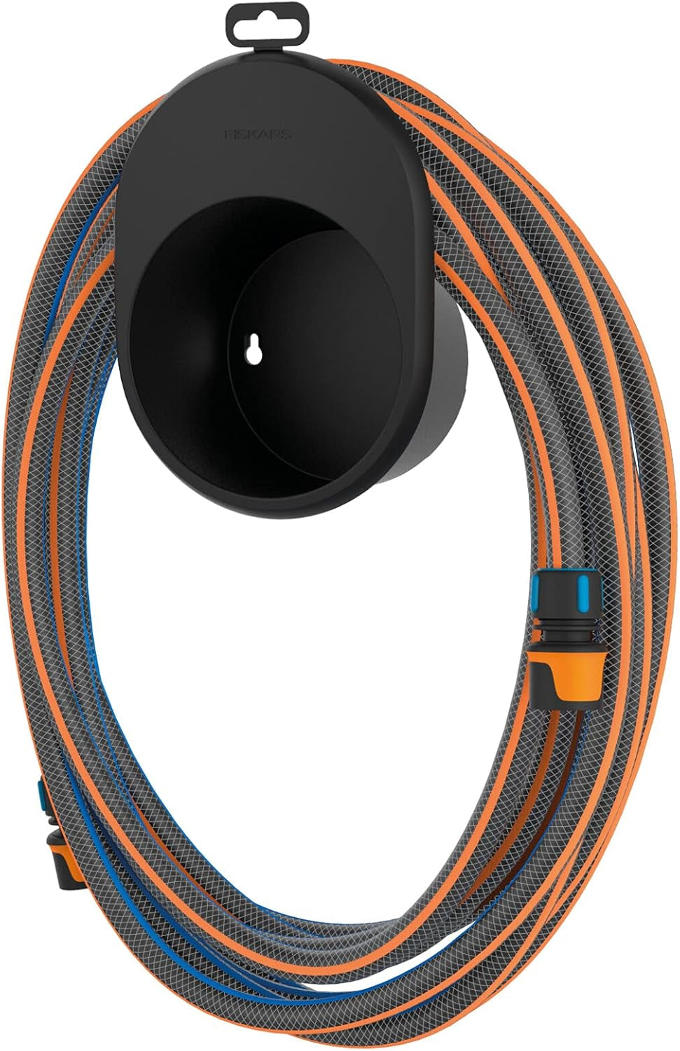 Set furtun de apă Fiskars pentru roată hidraulică, cu 2 conectori furtun și conector robinet, dimensiune universală, nivel de rigiditate torsională 4 (din 5), 1,8 m, Ø1,3-1,5 cm (1/2-5/8"), negru/portocaliu/albastru, 1057621