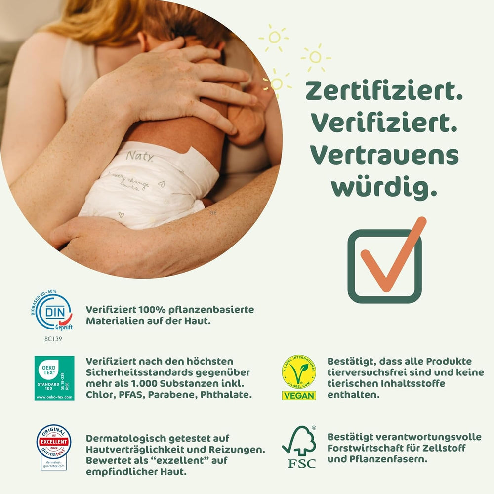 Scutece pentru bebeluși Naty BioEmbrace, mărimea 5 (11–25 kg) | 100% materiale pe bază de plante, delicate cu pielea | Moliciune respirabilă, testate dermatologic, absorbție excelentă | 80 buc.