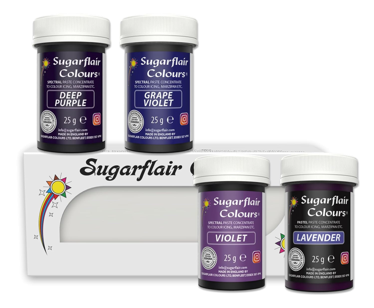 Coloranți alimentari pentru paste Sugarflair, violet, set de 4, coloranți alimentari pentru paste, fondant, marțipan, pastă de zahăr, cremă de unt și multe altele: violet, lavandă, violet struguri, violet intens - set de 4