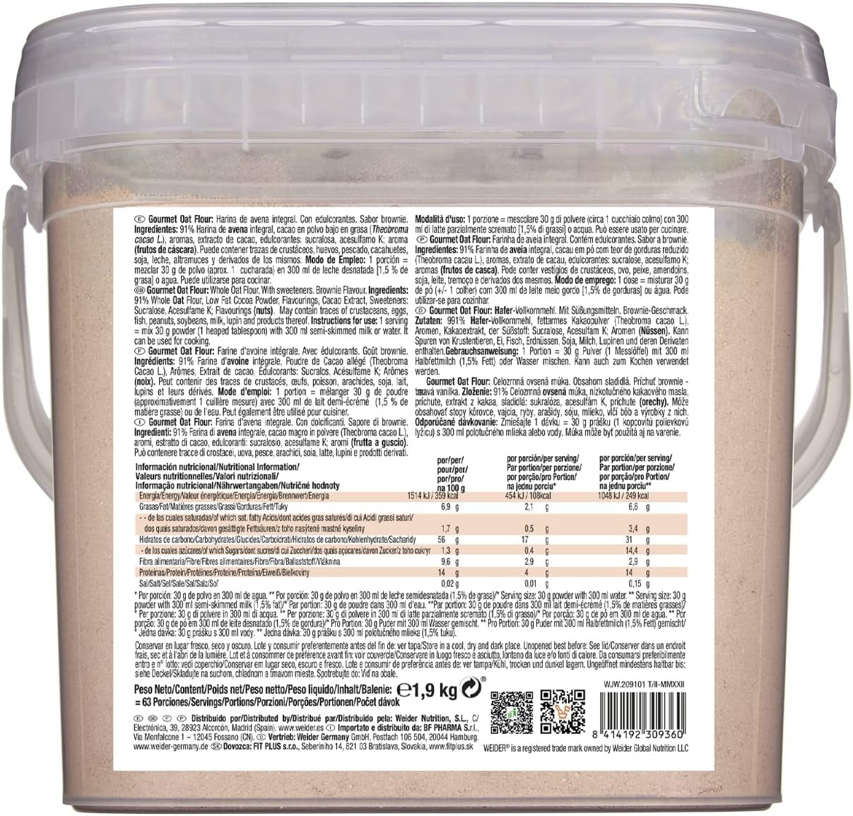 Făină de ovăz Weider Gourmet (1,9 kg) aromă de brownie. Fulgi de ovăz integrali. Sursă de proteine cu conținut scăzut de zahăr.