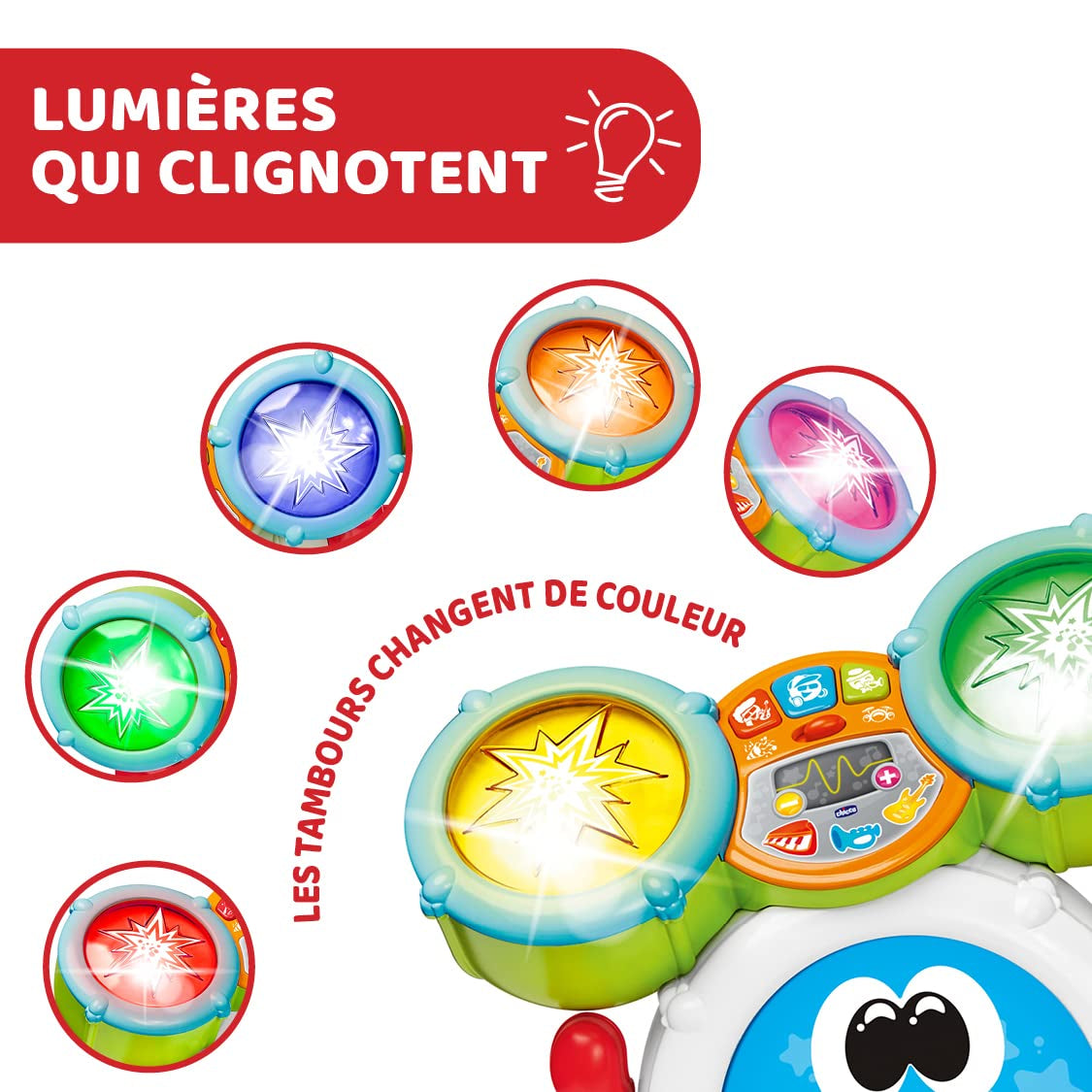 Chicco 00009820100000 Mi First set de tobe cu lumini și sunete, 3 moduri de redare instrument muzical cu baterie pentru copii, multicolor, Mare Jucarii Bebe Naty Shop