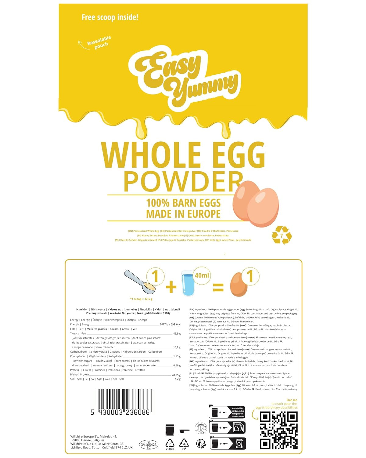 EASY YUMMY - Vollei-Eipulver (1000g = 80 Eier) aus Regionalen Niederländischen Freiland-Eiern | mit 1-Ei-Messlöffel | Wiederverschließbarer Beutel, lange Haltbarkeit | Rührei, Kochen, Backen | 100% Ei