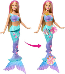 Barbie Meerjungfrauen-Spielzeugpuppe mit magischer Überraschungsblüte, Schwanzflosse mit Farbverlauf, perlenbesetztem Haarreif und langem blonden Haar mit rosa Strähchen, JDM72