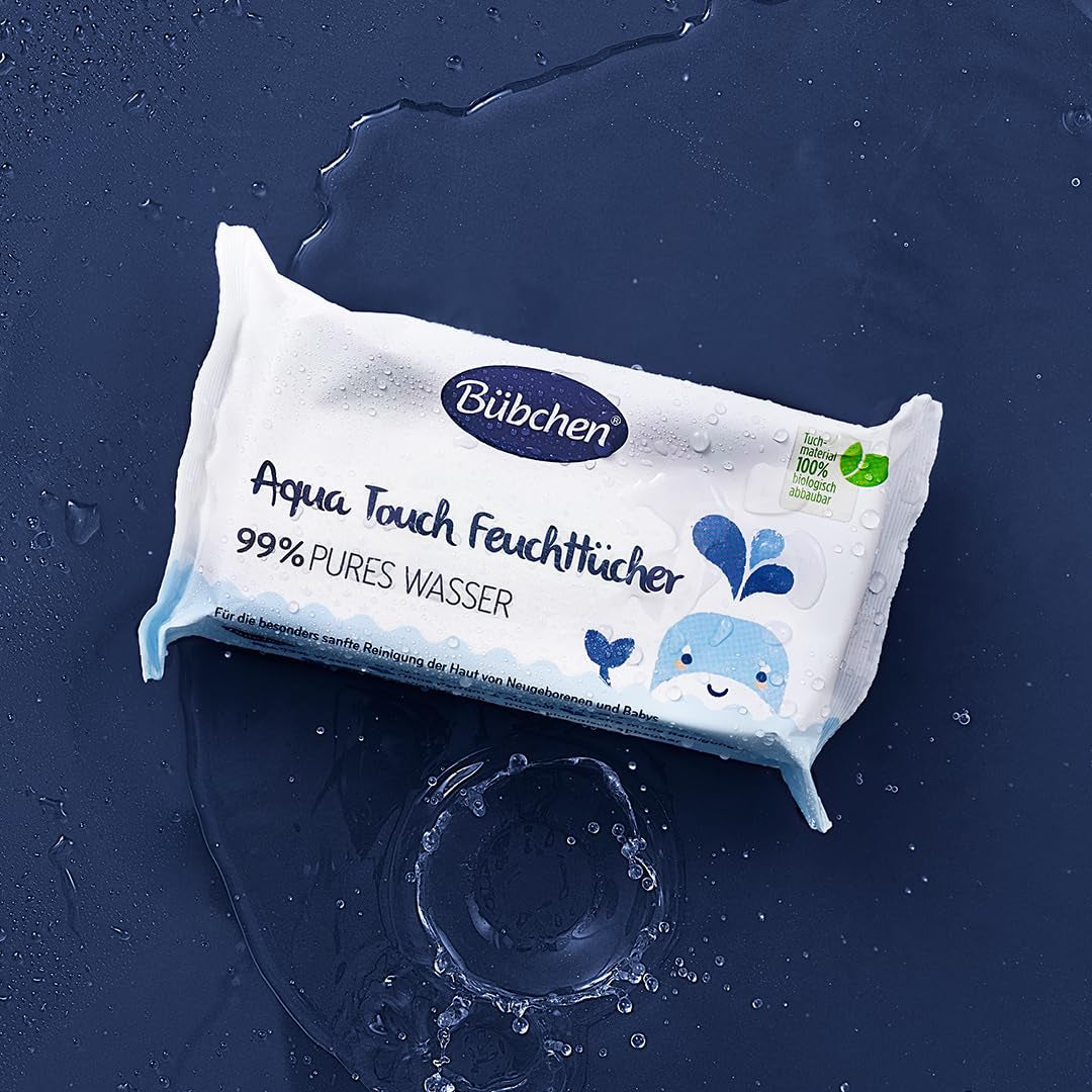 Șervețele umede Bübchen Aqua Touch pentru bebeluși, 144 bucăți (3 x 48) – șervețele pentru îngrijirea pielii sensibile cu 99% apă pură, șervețele umede pentru nou-născuți și bebeluși