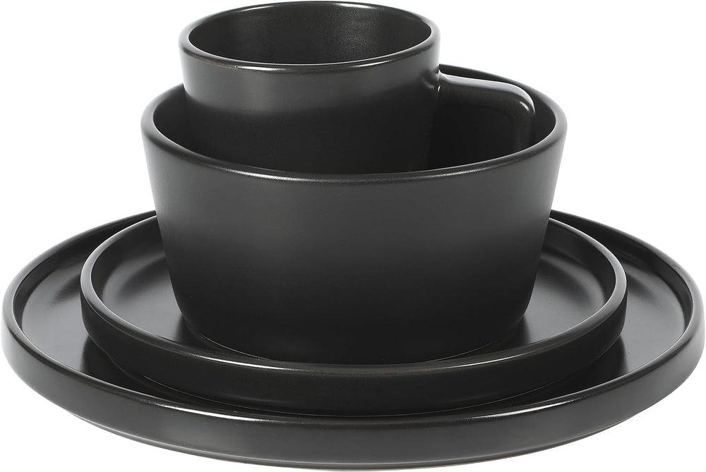Set de veselă Bowery, 32 de piese, negru mat, gresie, farfurii, boluri și căni, serviciu pentru 8 persoane