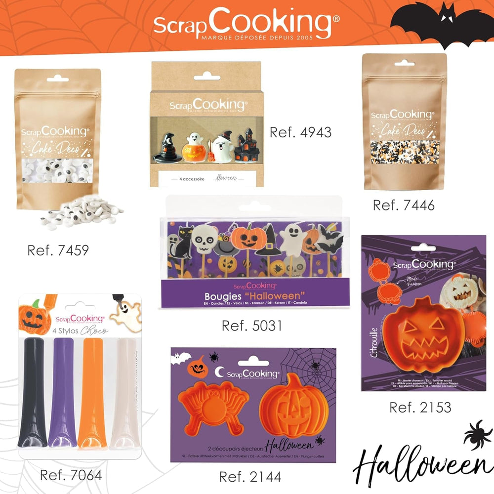 ScrapCooking – Ștampilă din lemn pentru patiserie cu modele de Halloween – cu 1 formă de biscuiți și formă de cub cu 5 fețe gravate în relief – 5298