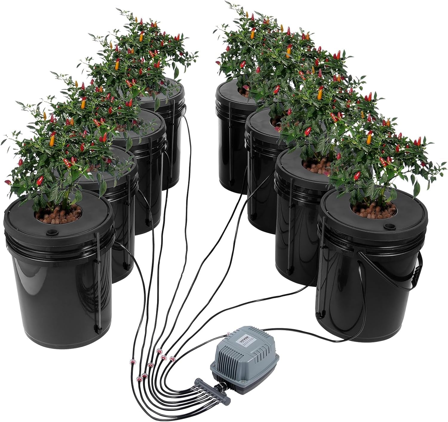 Sistem de creștere hidroponică VEVOR DWC, Sisteme de creștere hidroponică, Cultivare în apă adâncă 4 găleți de 20 de litri, Sistem DWC cu pompă de aer, pietre de aer și indicator al nivelului apei pentru legume cu frunze