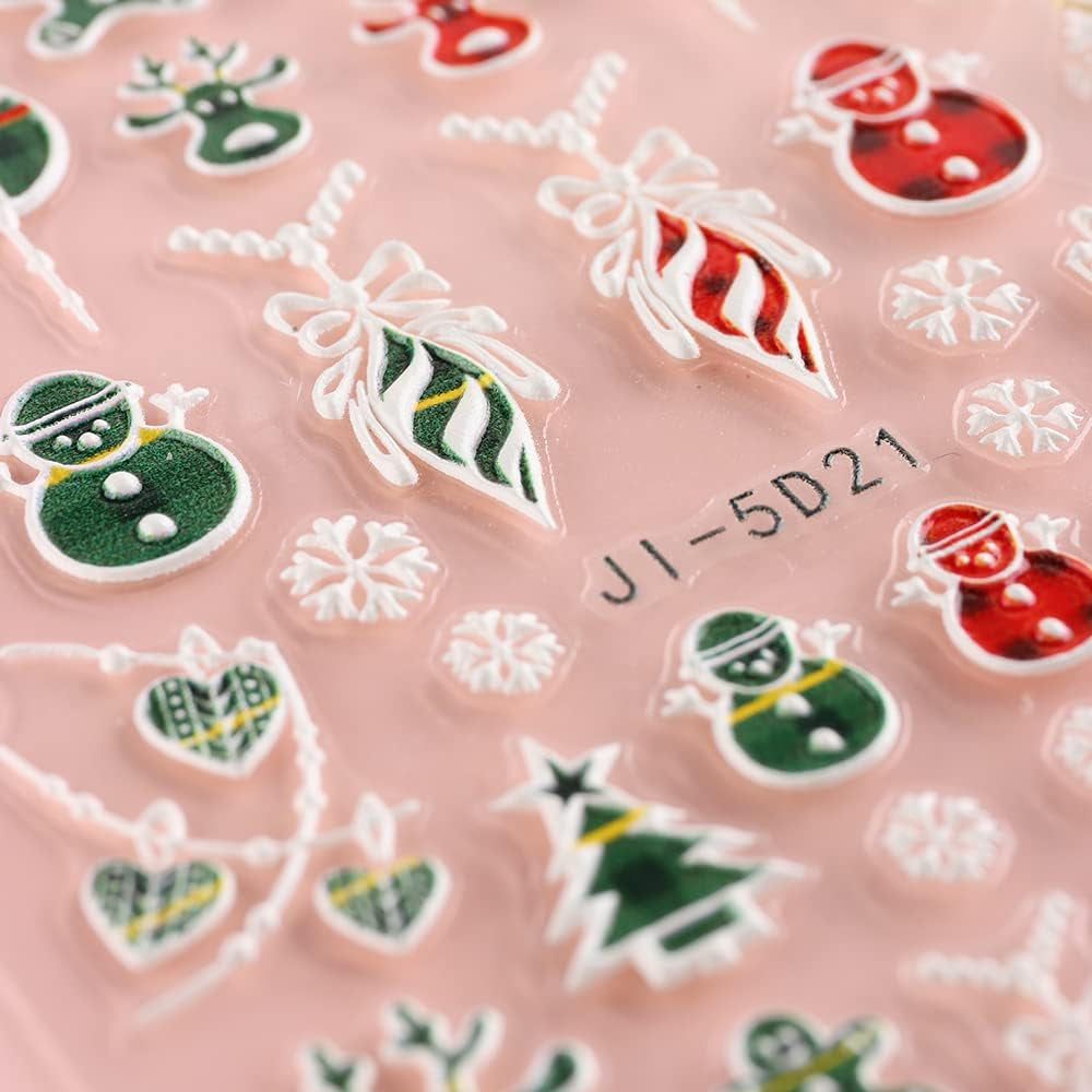 5 Blatt 3D Nagelsticker Weihnachten Nagelaufkleber 5D Stereoskopisch Selbstklebend Schneeflocke-Weihnachtswinterurlaub Nail Art Sticker Dekoration Nageldesign Zubehör