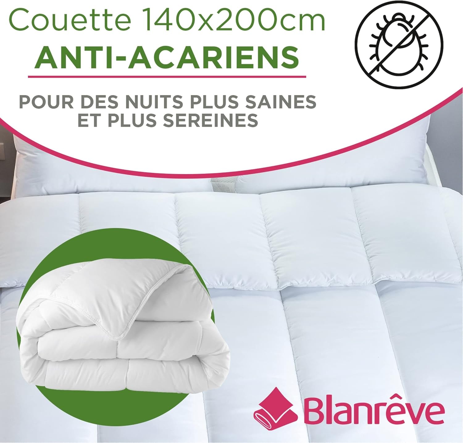 Blanrève - Cuvertură Serenité - Tratament împotriva acarienilor - Temperat 300 G/M² - 140 X 200 Cm - Pentru pat de o persoană - Lavabil la mașină, alb Plapumi si pilote Naty Shop