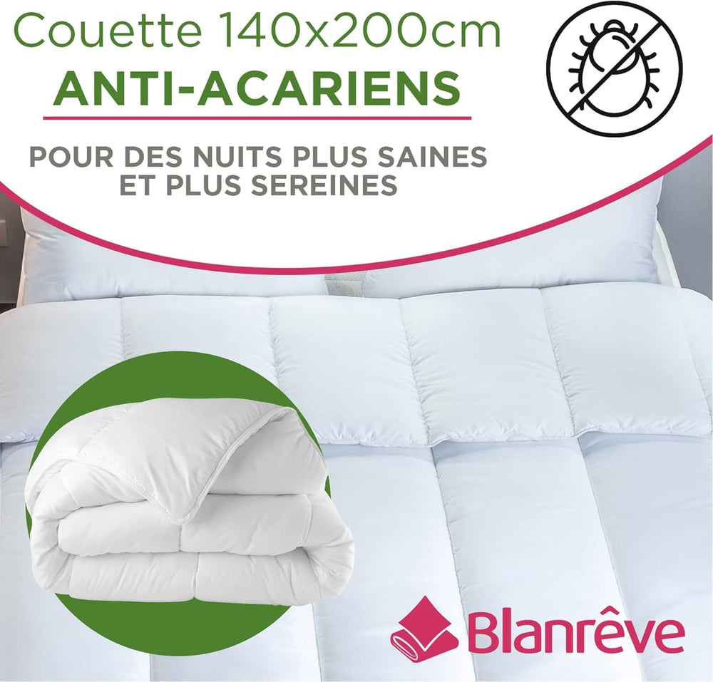 Blanrève - Cuvertură Serenité - Tratament împotriva acarienilor - Temperat 300 G/M² - 140 X 200 Cm - Pentru pat de o persoană - Lavabil la mașină, alb Plapumi si pilote Naty Shop