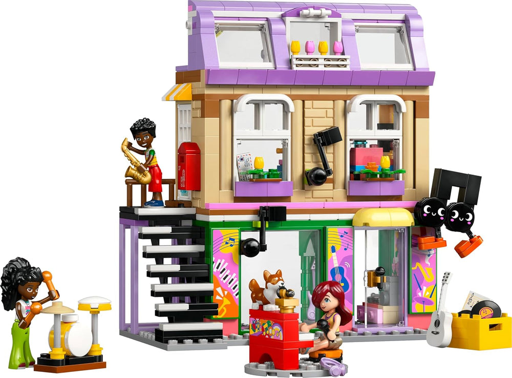 LEGO Friends Musikladen & Wohnung - Spielzeug mit 3 Mini-Puppen, Einer Corgi Tierfigur und Musikinstrumenten wie Klavier, Schlagzeug, Gitarren & Zubehör - Geschenk für Mädchen ab 7 Jahren - 42653