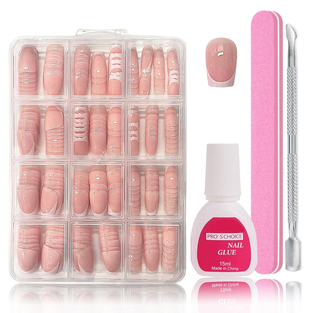 Set de vârfuri pentru unghii false - 240 de bucăți unghii false franțuzești pentru lipit - Unghii artificiale scurte, pătrate, pentru manichiură, pentru femei și bărbați (gradient scurt de sicriu)