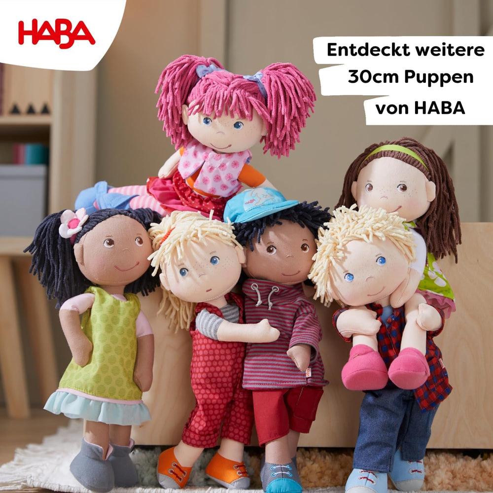 HABA Puppe Lilli-Lou – Weiche Stoffpuppe ab 18 Monaten – 30 cm mit Kleidung & Haaren – Ideale Spielgefährtin für Kleinkinder – 1302842001