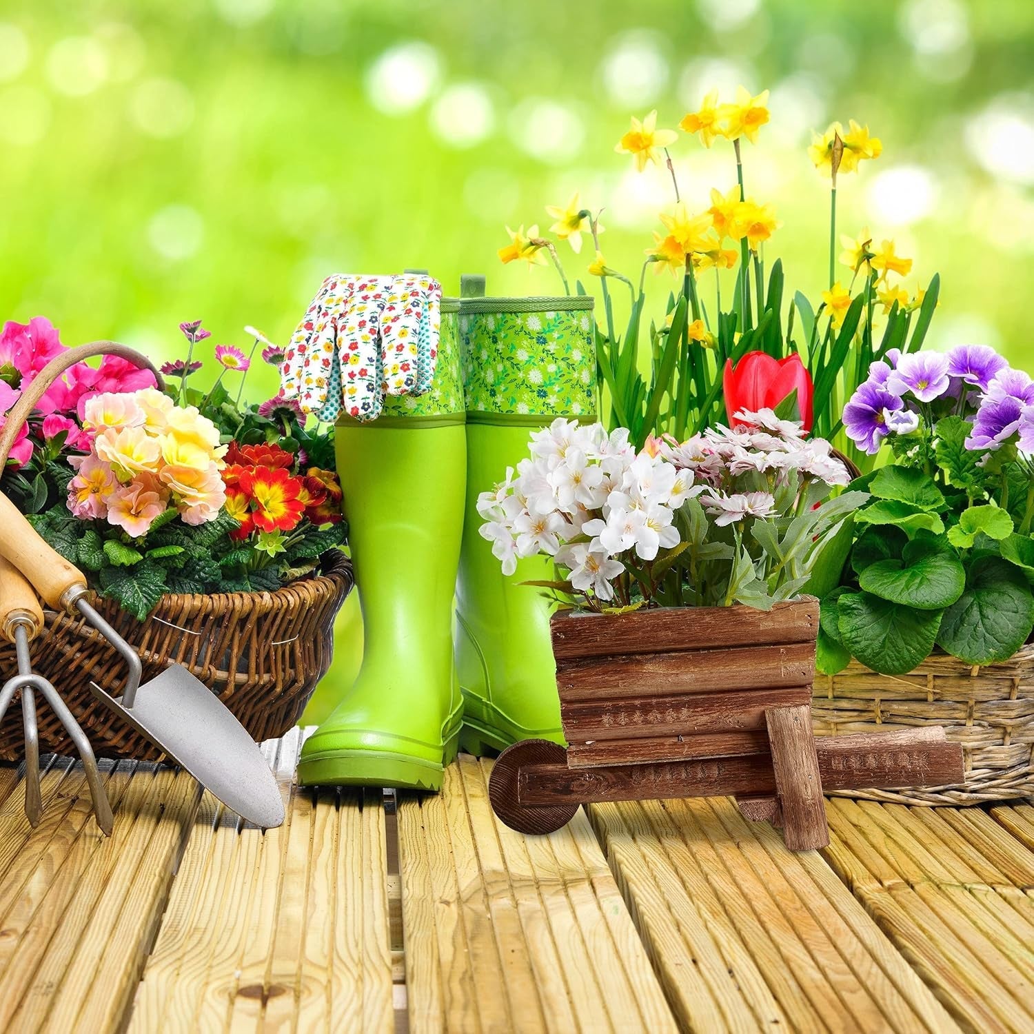 Roabă de plantat Relaxdays, Set de 2, Decorațiune de grădină, Î x l x A: 12,5 x 26 x 12 cm, Cărucior cu flori pentru plantare, Lemn, Natural