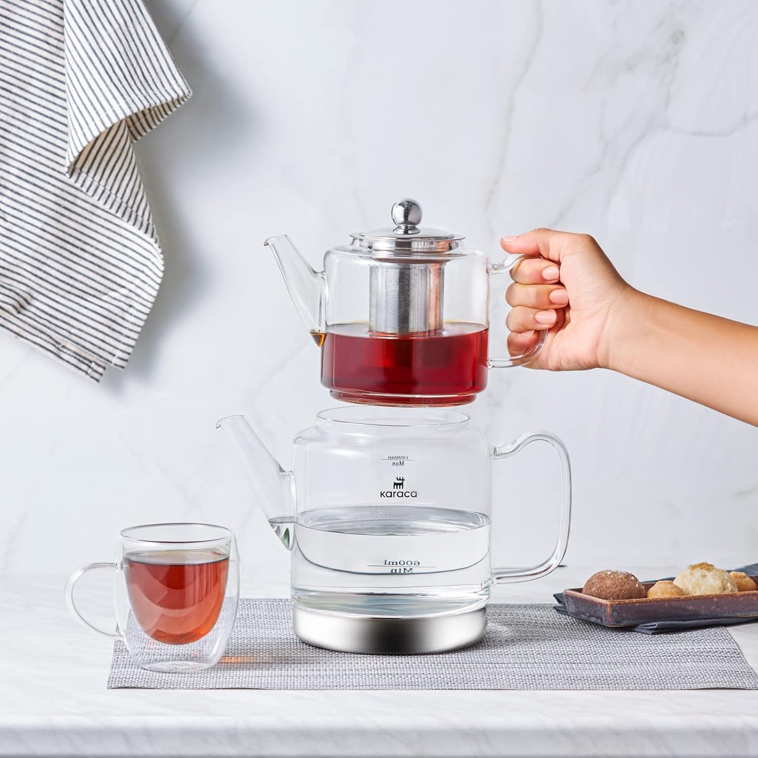 Set de ceainic din sticlă borosilicată Karaca Dora cu infuzor de ceai din oțel inoxidabil, fierbător de 2L și ceainic din sticlă de 1L cu infuzor, ceainic turcesc, Caydanlik, aparat de ceai turcesc pentru ceai din plante, ceai vrac, XL