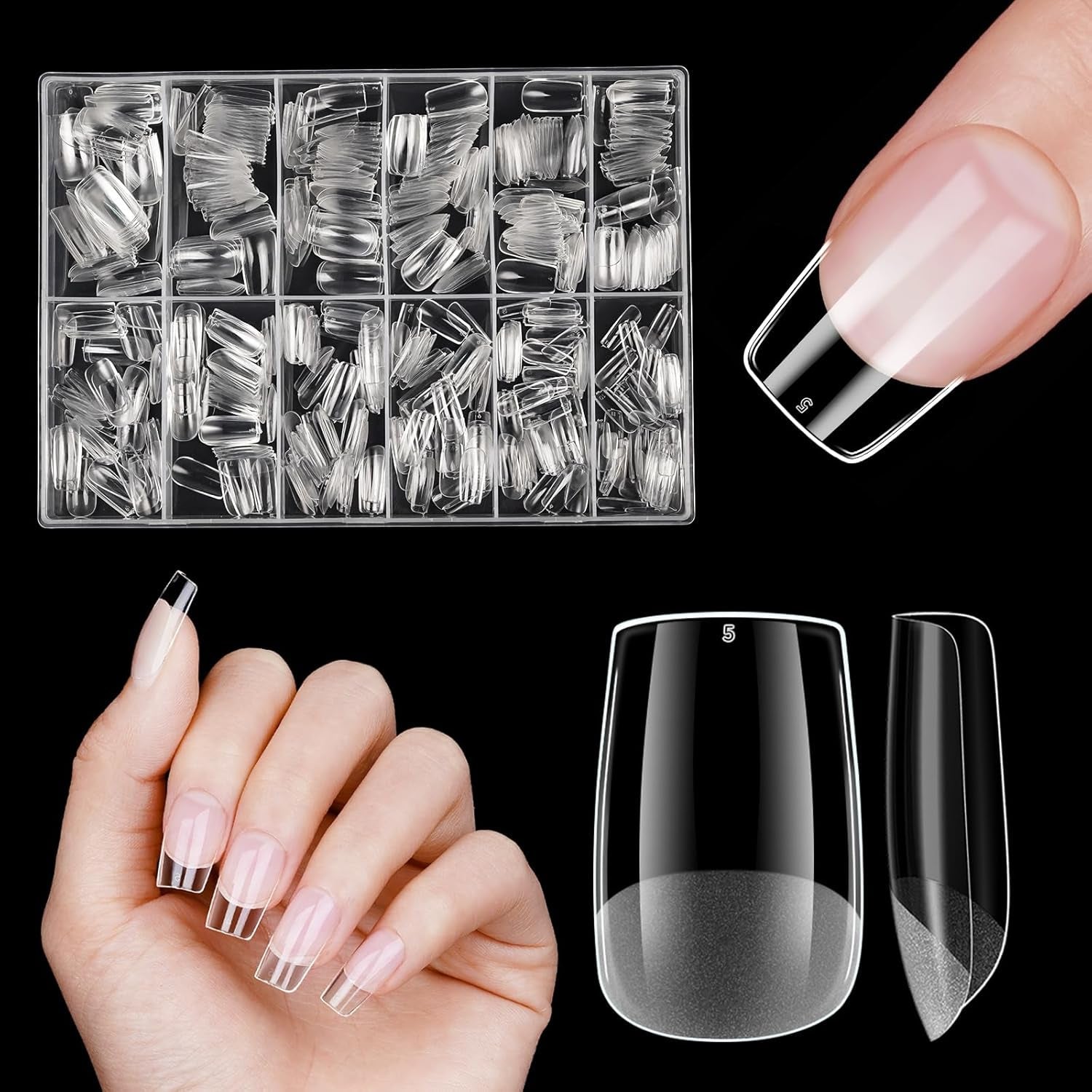 Unghii artificiale scurte, 500 bucăți gel moale acoperire completă vârfuri de unghii pentru unghii cu gel 12 mărimi vârfuri de unghii pre-lustruite pentru unghii cu gel, unghii artificiale scurte sicriu pentru extensii de unghii cu cutie