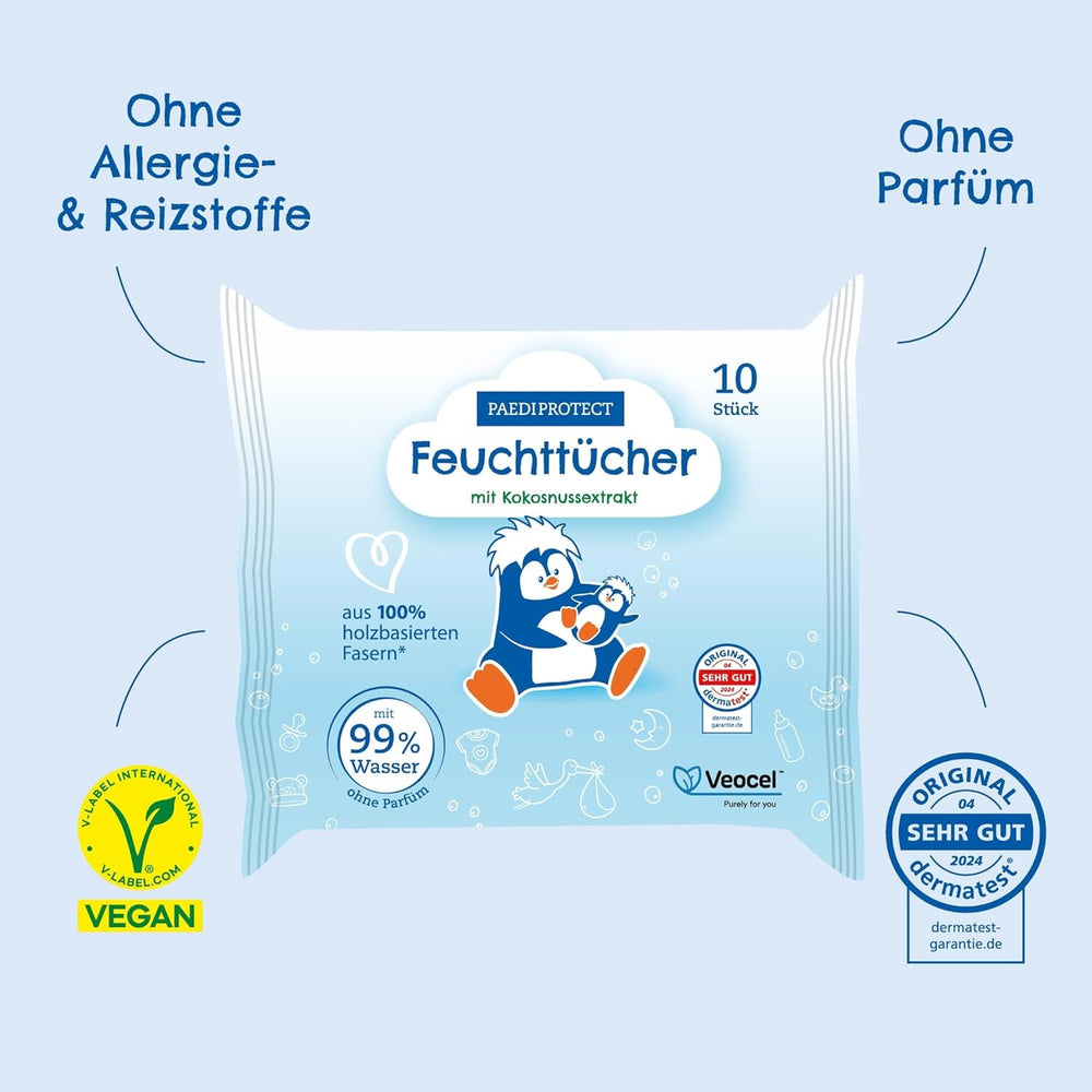 Șervețele umede PAEDIPROTECT pentru bebeluși 1 x 10 bucăți, șervețele umede cu apă pentru bebeluși sensibili cu 99% apă, fără parfum, pentru pielea delicată a bebelușilor și copiilor, cu extract de cocos, fără microplastic, vegane (pachet de 5)