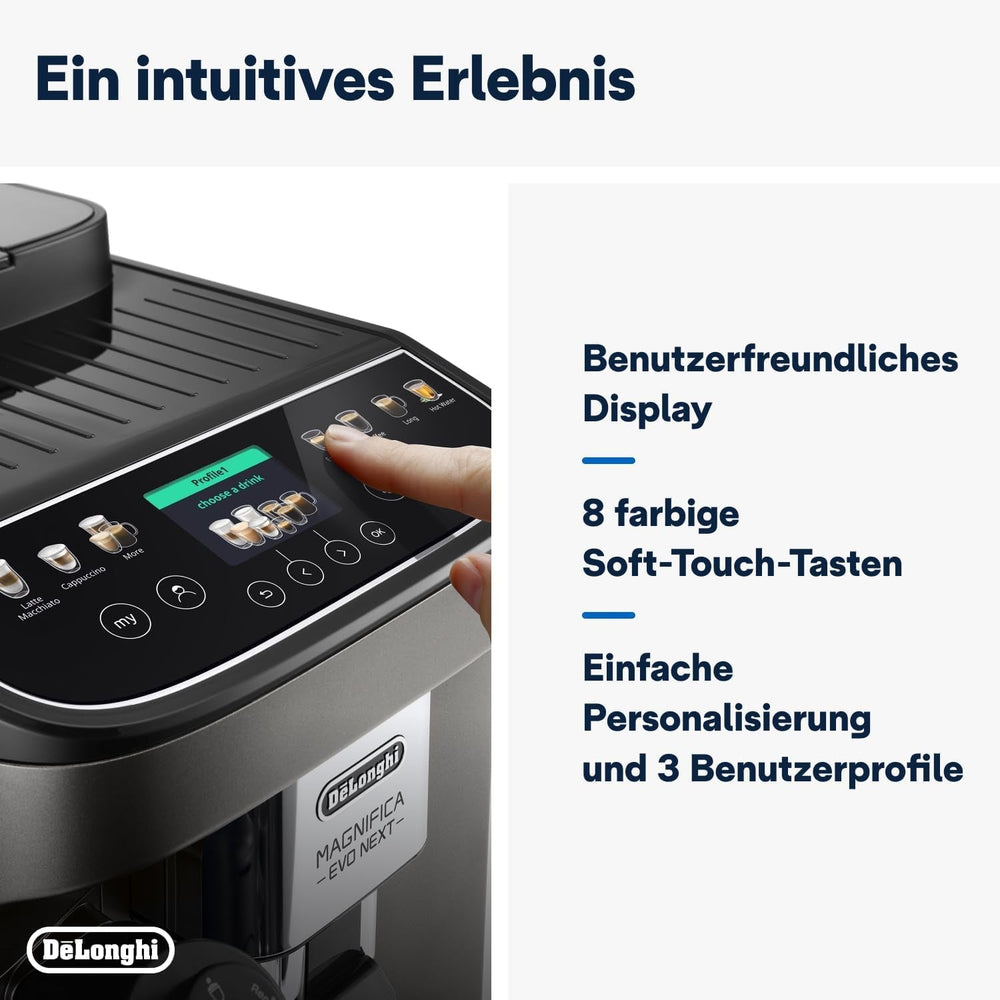 De'Longhi Magnifica Evo Next - Perfetto Espressor complet automat cu spumator de lapte LatteCrema, 13 băuturi cu o singură atingere, aparat de cafea și cappuccino, ecran tactil color, titan (ECAM312.80.TB)