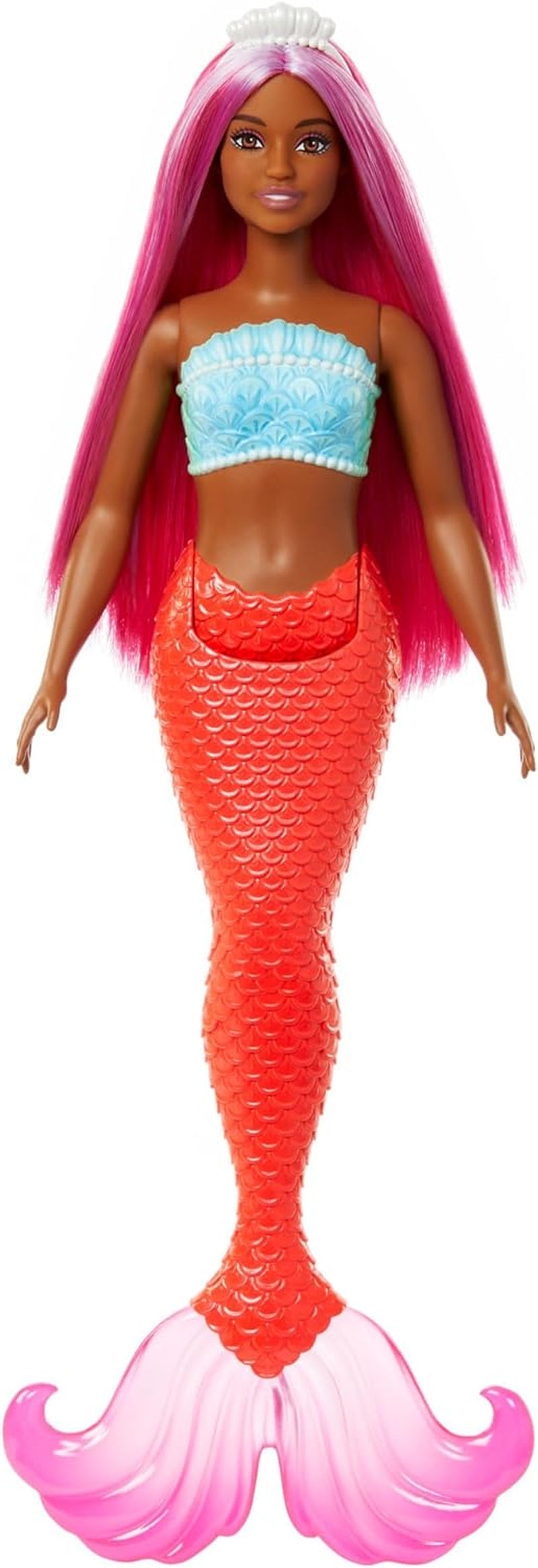 Barbie Meerjungfrau-Puppe mit fantasievollem zweifarbigem Haar in Blau und Gelb, Haarband, Puppe mit Muscheloberteil und türkisfarbener Schwanzflosse, HRR03