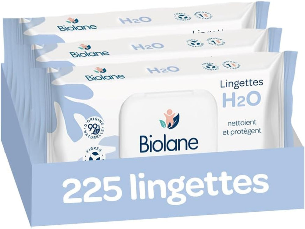 BIOLANE - Șervețele umede pentru bebeluși cu apă - 225 de șervețele - 3 x 75 bucăți - Curățare delicată și eficientă - De la naștere - Calitate franceză