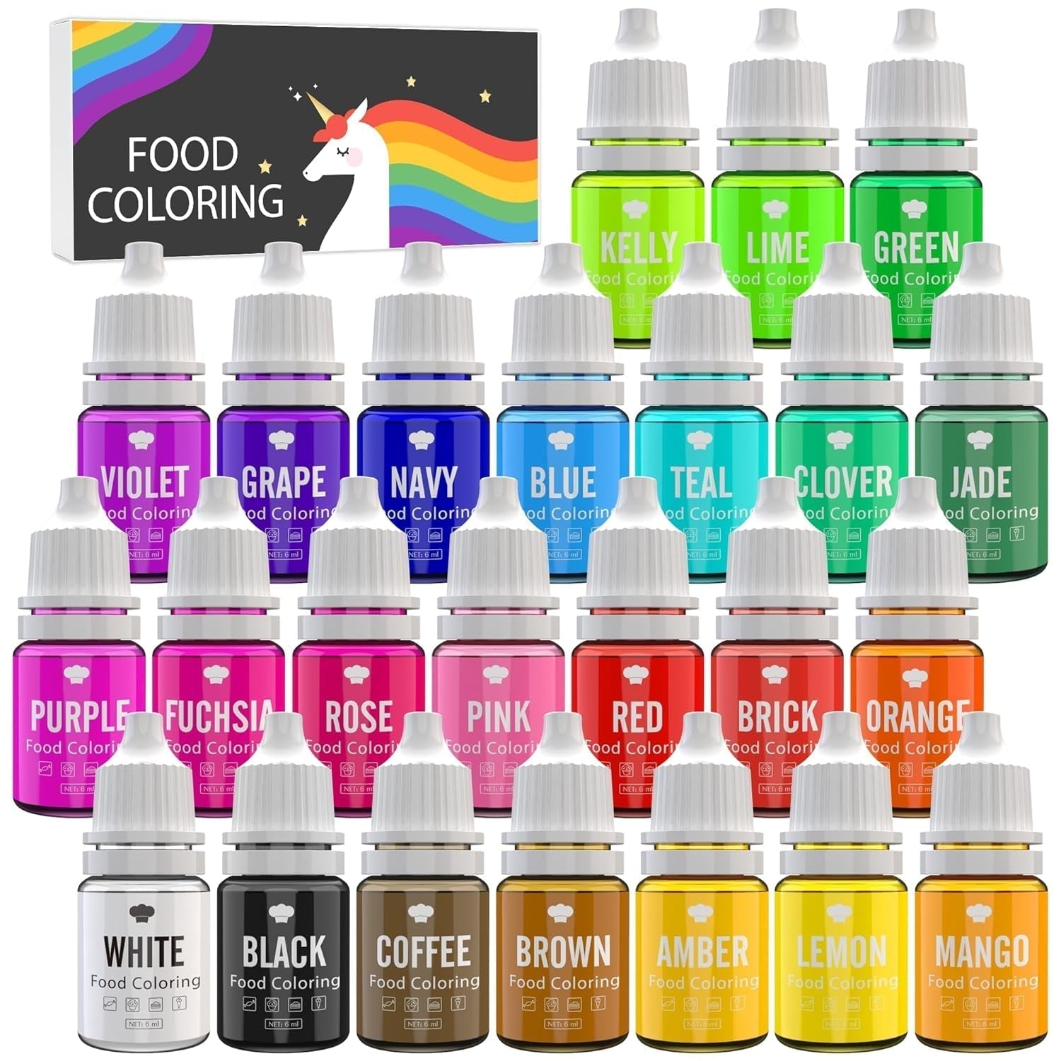 Colorant alimentar - 24 de coloranți alimentari vibranți pentru copt, decorarea torturilor, glazură, fursecuri, fondant și macaroane - Colorant alimentar lichid pentru fabricarea săpunului și meșteșuguri - 24 x 6ml