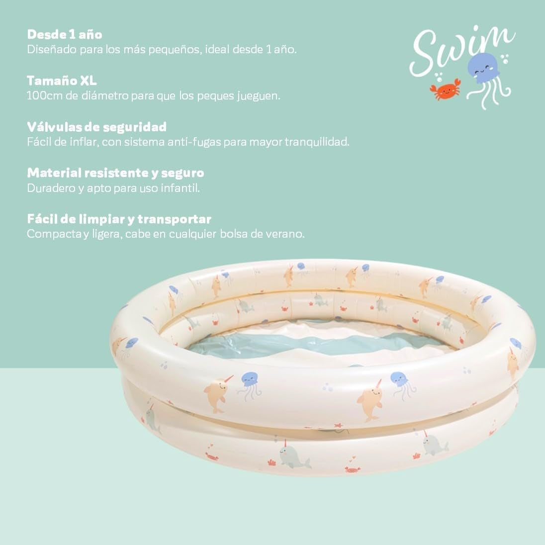 Miniland – Piscină gonflabilă pentru bebeluși 100 cm, piscină rotundă compactă și sigură pentru bebeluși