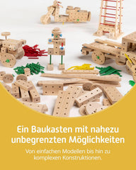 Matador Kinder Baukasten ab 5 Jahren 222-tlg. - Spannendes Holz Konstruktionsspielzeug zur Schulung von Kreativität und Feinmotorik, Bauspielzeug mit Stäbchen, Klötzen, Hammer & Zange