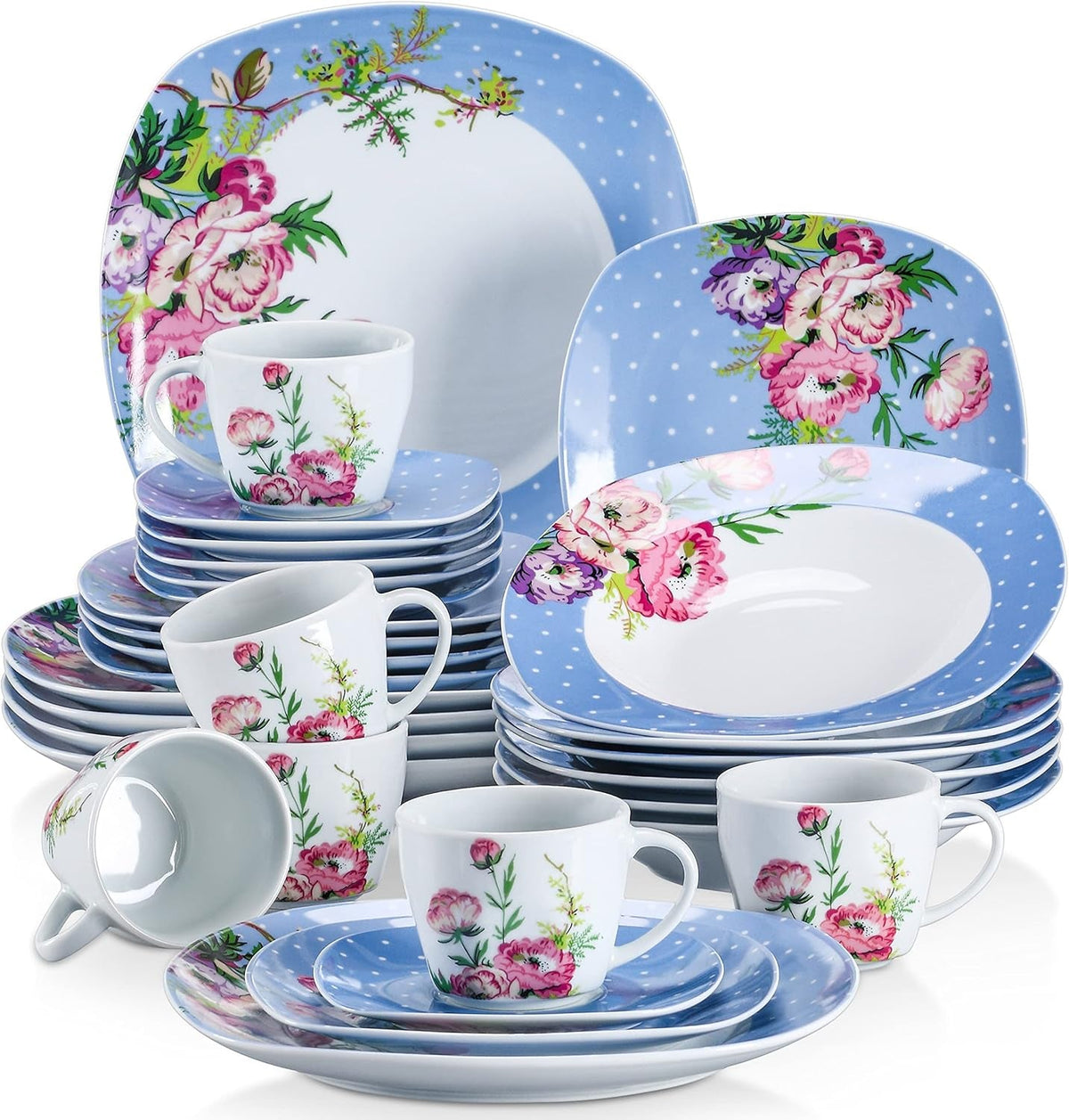 Set de veselă combinat din porțelan VEWEET, set de veselă de 30 de piese pentru 4-12 persoane, seria „Hannah”, format din farfurii de cină, farfurii de desert, farfurii de supă, cești de cafea și farfurioare