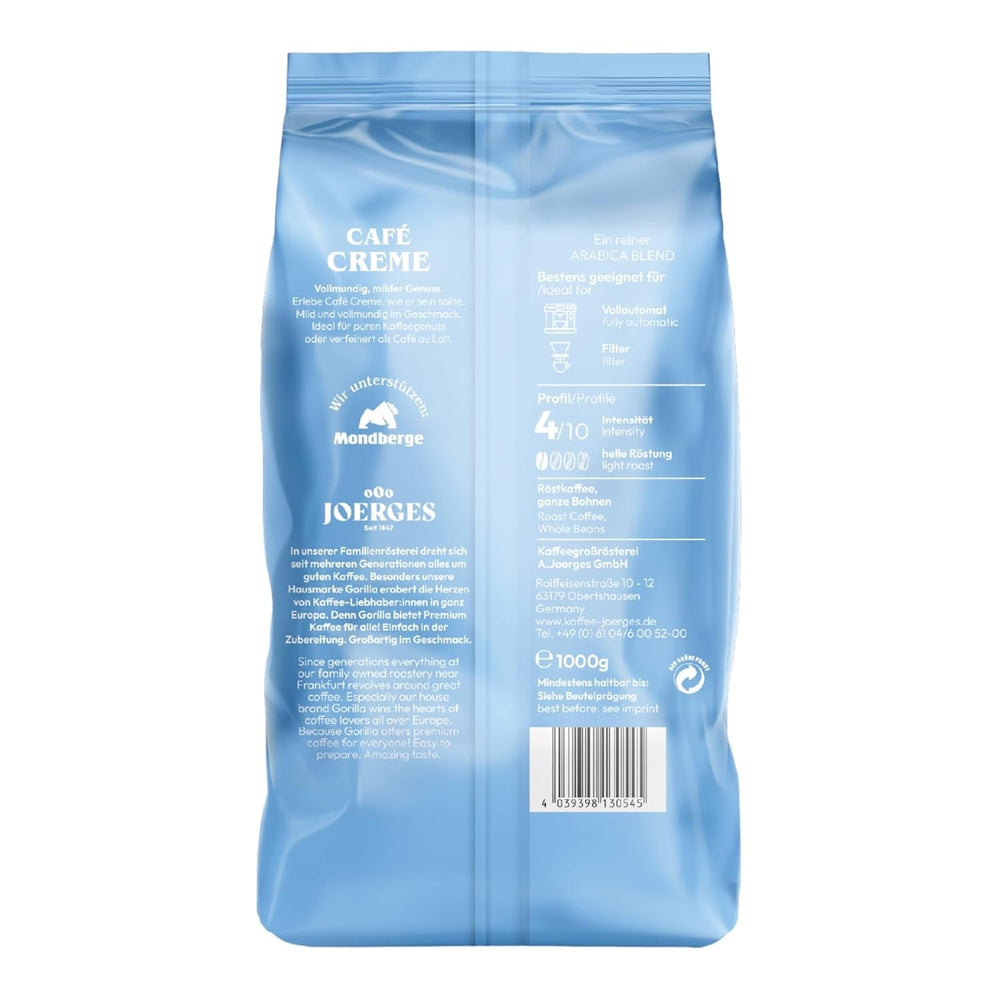 Gorilla Café Creme 6x 1000g | 100% traditionelle Arabica-Bohnen | Ideal Vollautomaten Crema harmonisches Aroma | geringer Koffeingehalt helle Röstung | Vorratspackung