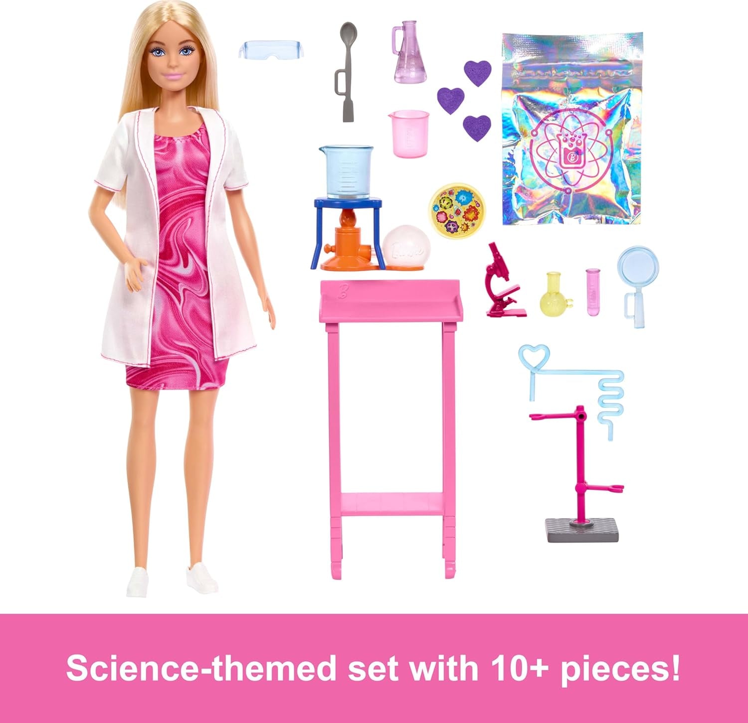 Păpușa Barbie Savantă și accesorii cu păpușă blondă la modă, masă de laborator, microscop, pahar care își schimbă culoarea și vas Petri, JCR70