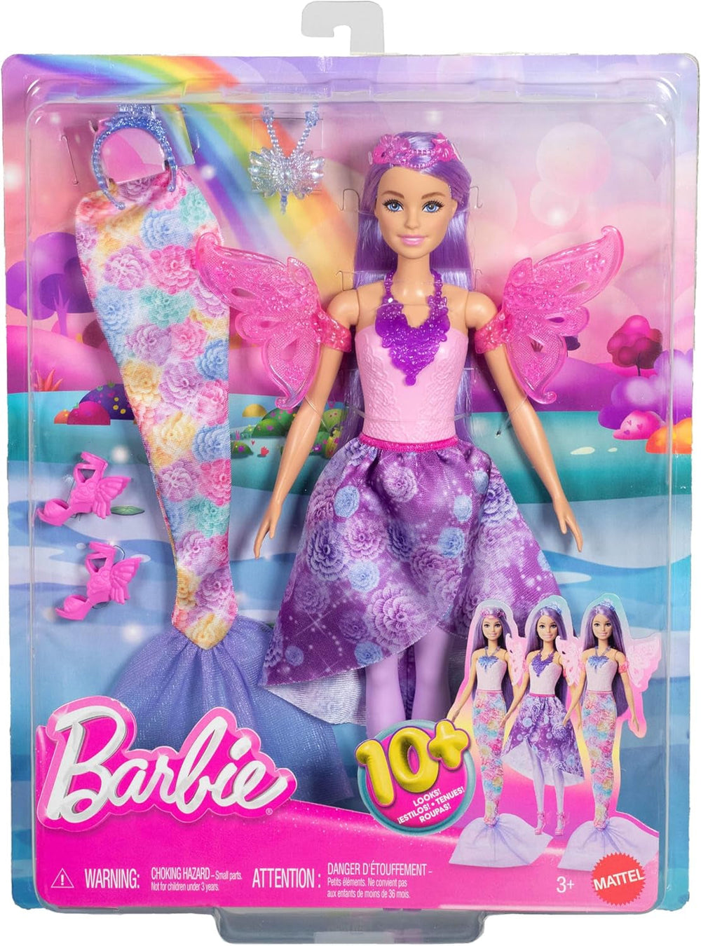 Barbie 3-in-1 Fantasie Puppe, Spielset mit 8 Accessoires inklusive Meerjungfrauen-Schwanzflosse, Feenflügen, königlichen Ketten, Schuhen un vielem mehr für über 10 Verschiedene Looks, JCP74