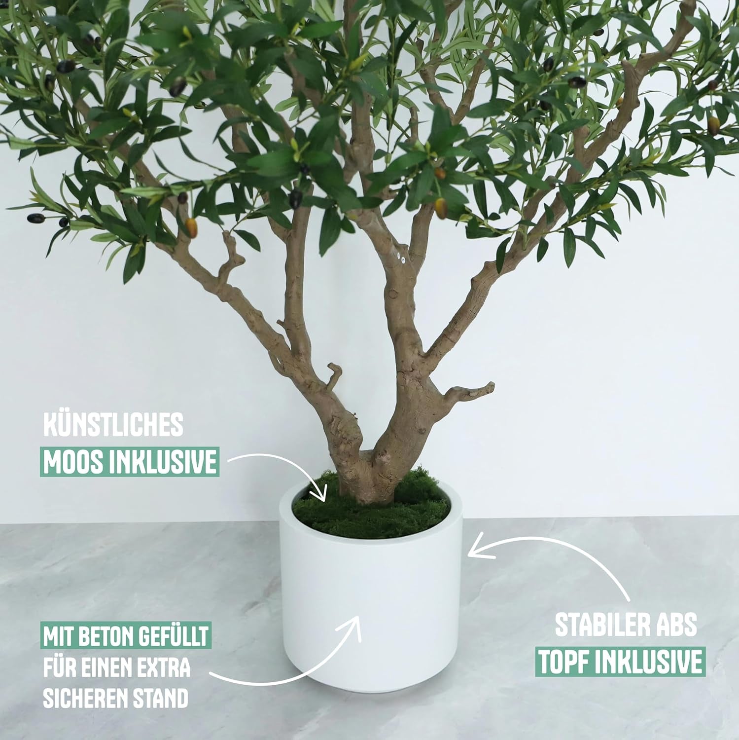 Olivenbaum Künstlich 210 Cm Inkl. Topf - Künstlicher Olivenbaum Mit Naturgetreuem Stamm, Realistischen Blättern & Oliven - Künstlicher Baum Für Indoor & Outdoor, Groß, Inklusive Moos & Topf