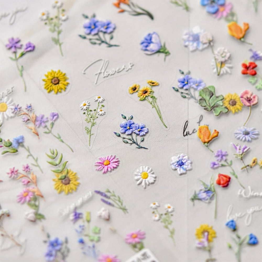 JMEOWIO 3D Nagelsticker Bunte Blumen Nail Art Sticker Selbstklebend Nagelaufkleber 5D Stereoskopisch Frühlings Sommer Blumen Dekoration Nageldesign Zubehör 2 Blatt