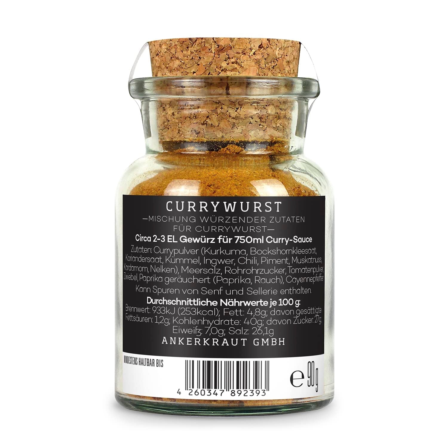 Ankerkraut Currywurst, 90g im Korkenglas, Gewürzmischung zum Anmischen selbstgemachter Currywurst-Soße oder als Topping