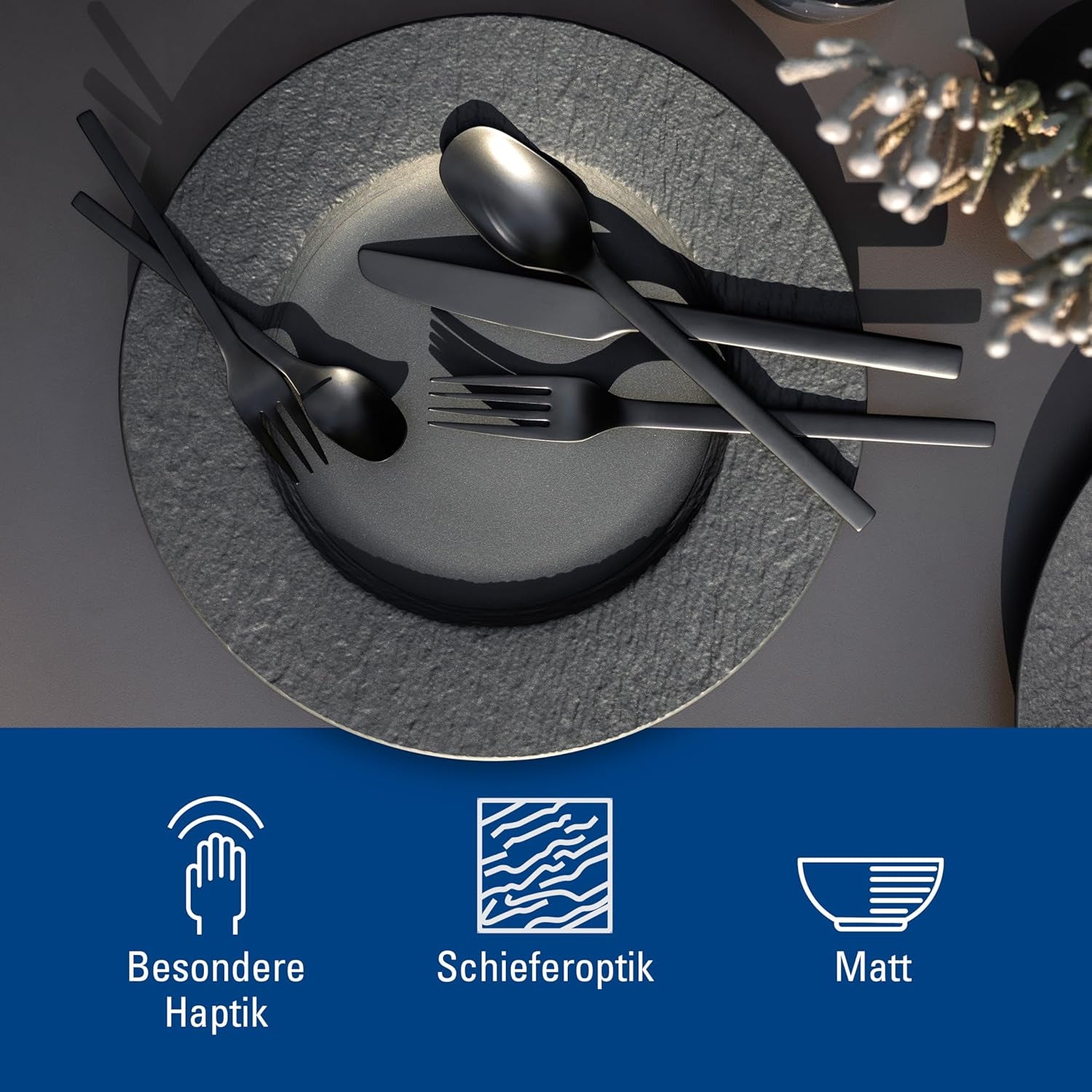Villeroy & Boch – Set de veselă Manufacture Rock, 6 piese, Set de veselă pentru 2 persoane, Porțelan Premium, Negru