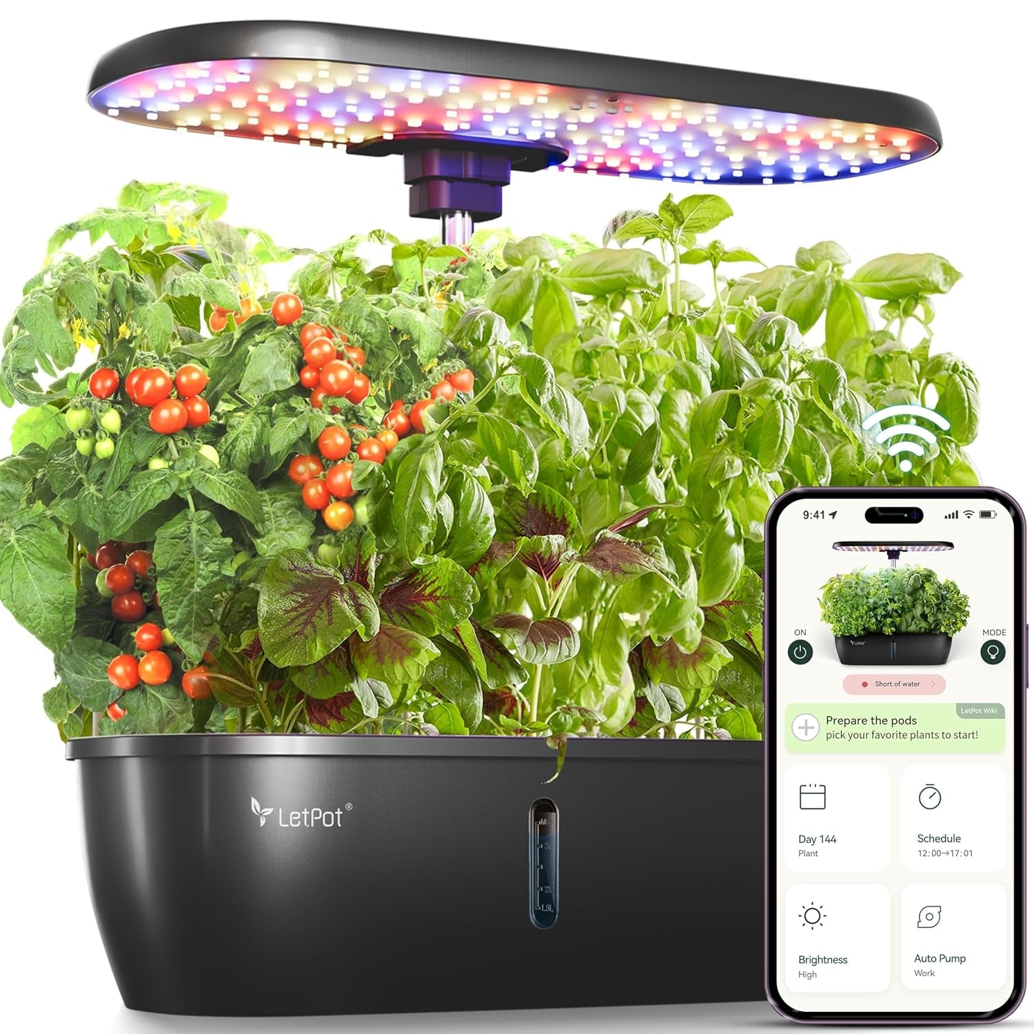 Kit sistem de creștere hidroponică LPH-Max, 21 de capsule, aplicație și WiFi, controlat automat, grădină inteligentă de interior cu lumină LED de 36W, kit de udare automată prin picurare, îngrijire autogestionată